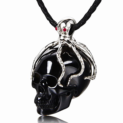 Necklace of Black Obsidian Carved Crystal Skull Pendant with 925 Sterling Silver Octopus and Ruby eyes, 925 Sterling Silver Chain
